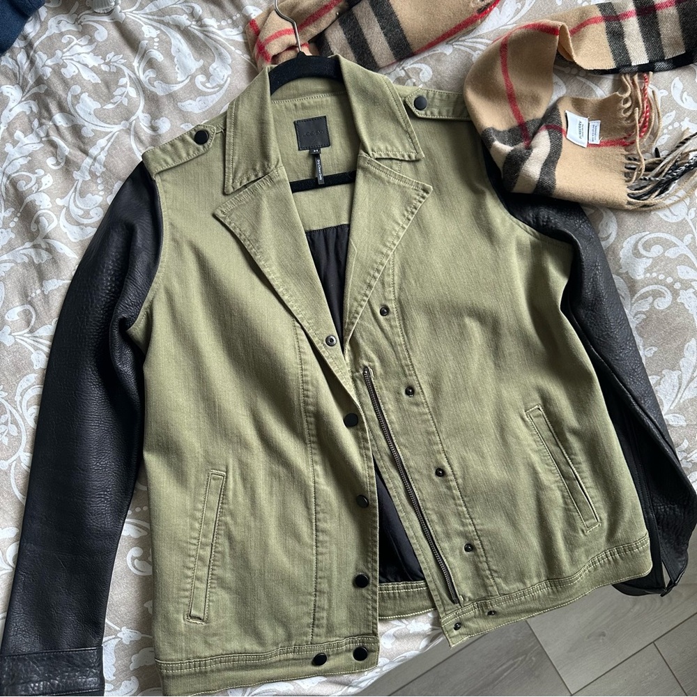 NWOT Joe’s Jeans Leather Sleeve Made in USA Biker Jacket Army Green Size M